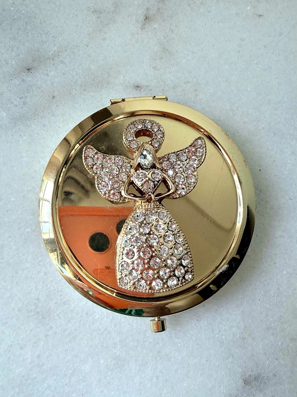 Rhinestone Angel Gold Compact Mirror